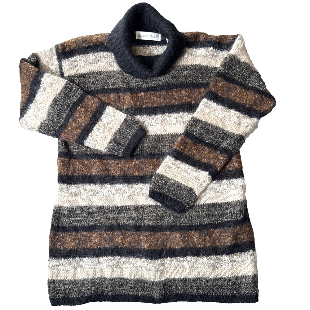 Women’s Y2K Striped Mohair Sweater Dress Size S Brown Long Winter Turtleneck EUC